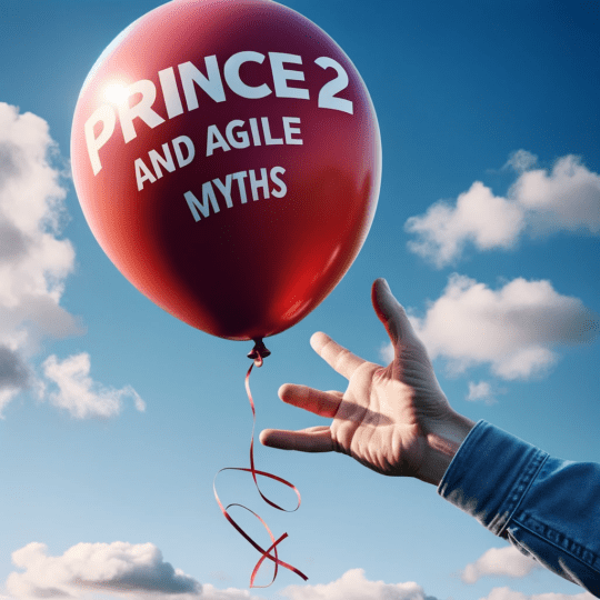 balloon with the words " prince2 and agile myths" written on it