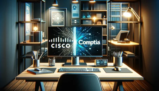 image of a computer with the words "Cisco" and "CompTIA" written across