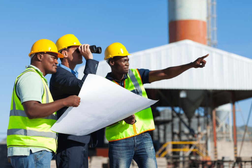 project management professionals assessing progress of a project on site