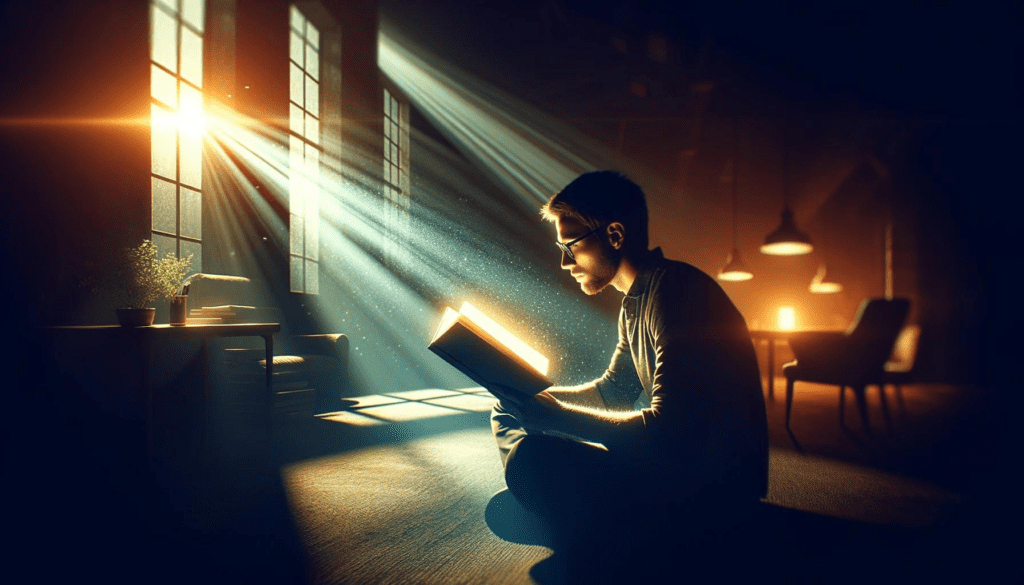 image of person sitting on the floor, reading a book during the day