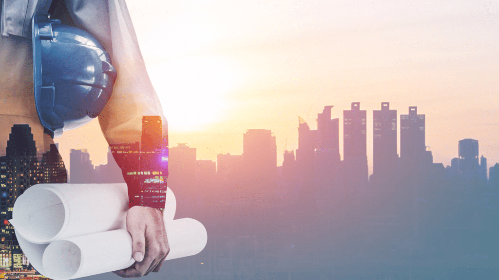 project management professional holding a project plan with background of the city