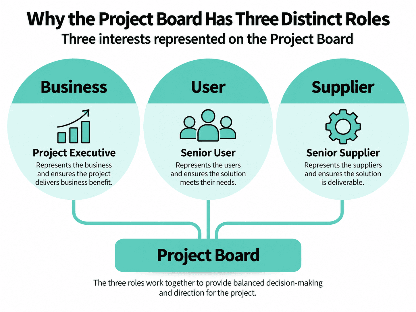 Business, user, and supplier interests represented by the Project Executive, Senior User, and Senior Supplier on the PRINCE2 Project Board.