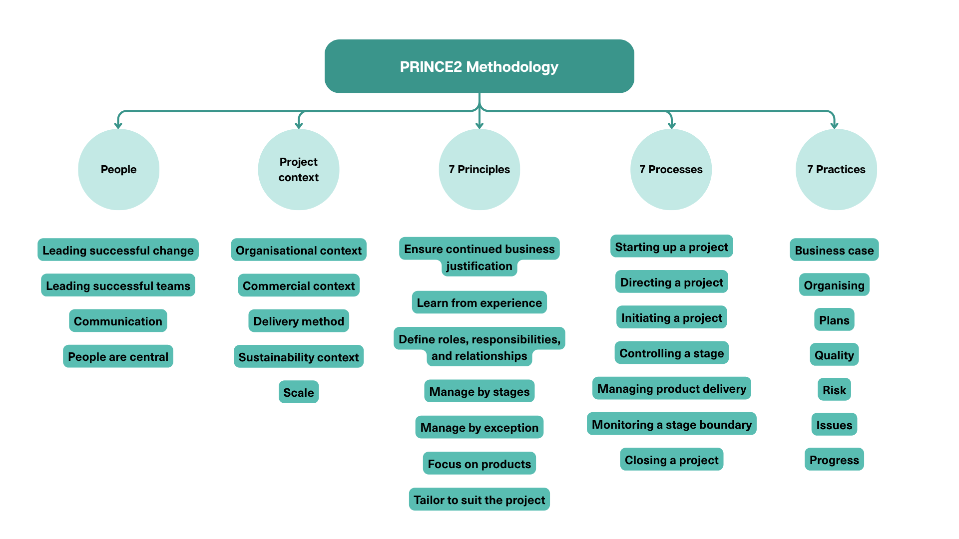 Break down of the PRINCE2 methodology and its integrated elements.